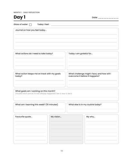 Inside page: a daily reflection page with prompts for actions, gratitude and goals